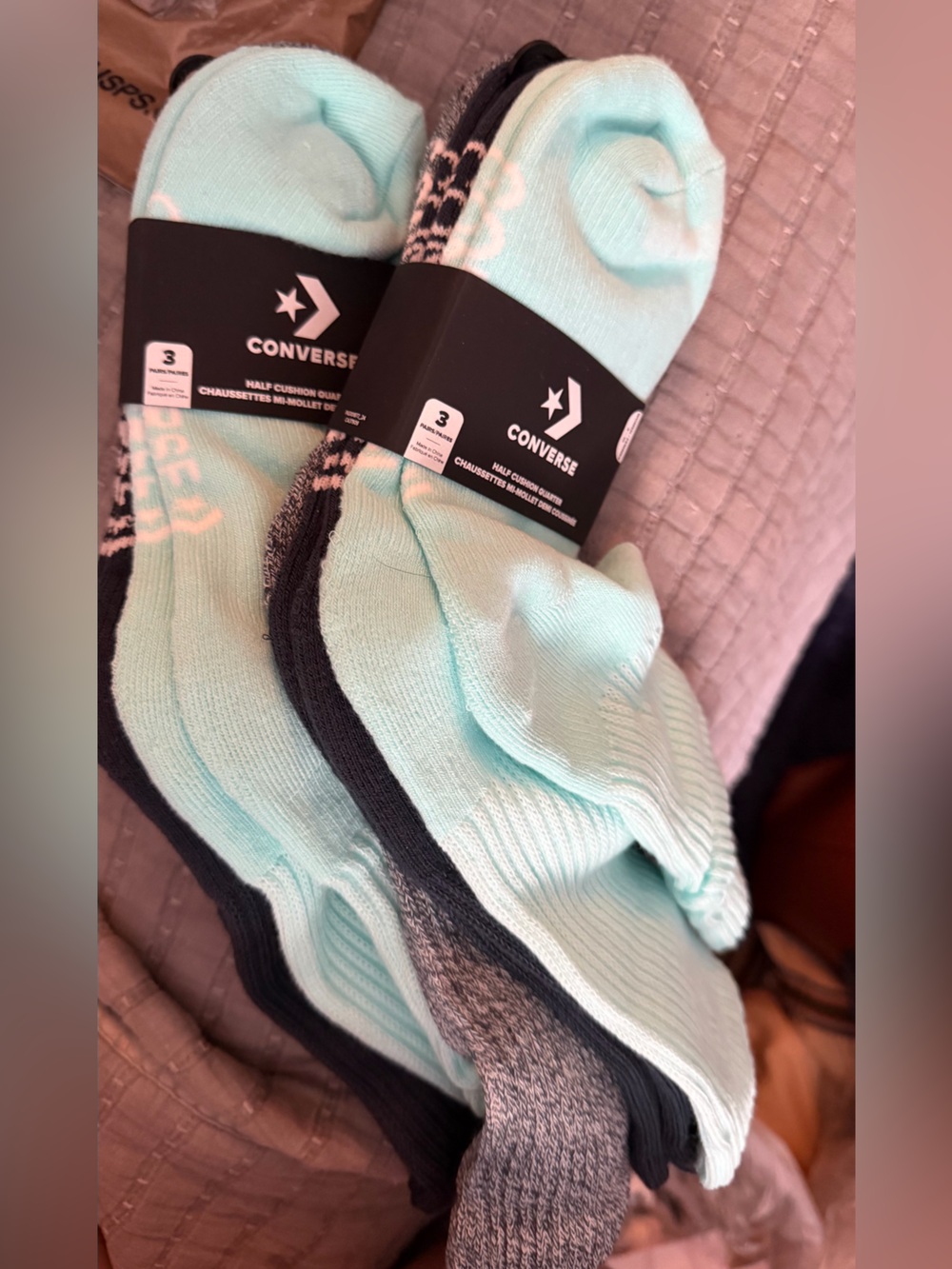 6pr Converse Mint Green Black Grey Half Cushion Quarter Socks with White Accents
